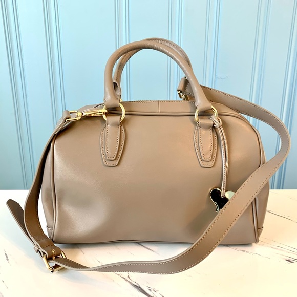 NWOT Cuore & Pelle Taupe Celeste Leather Satchel Bag 2 Handles + Crossbody Strap - Picture 2 of 13